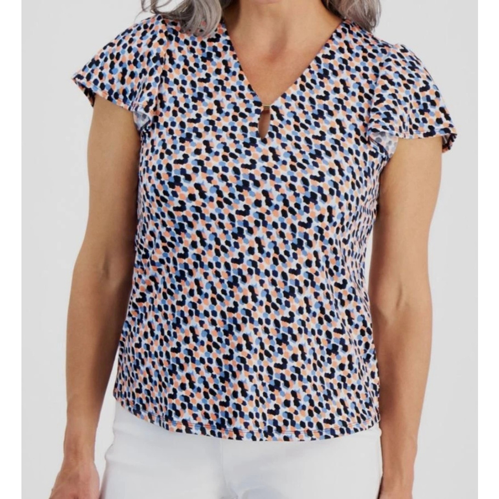 Jones New York Women's Small Petite Printed Flutter-Sleeve Top NWT